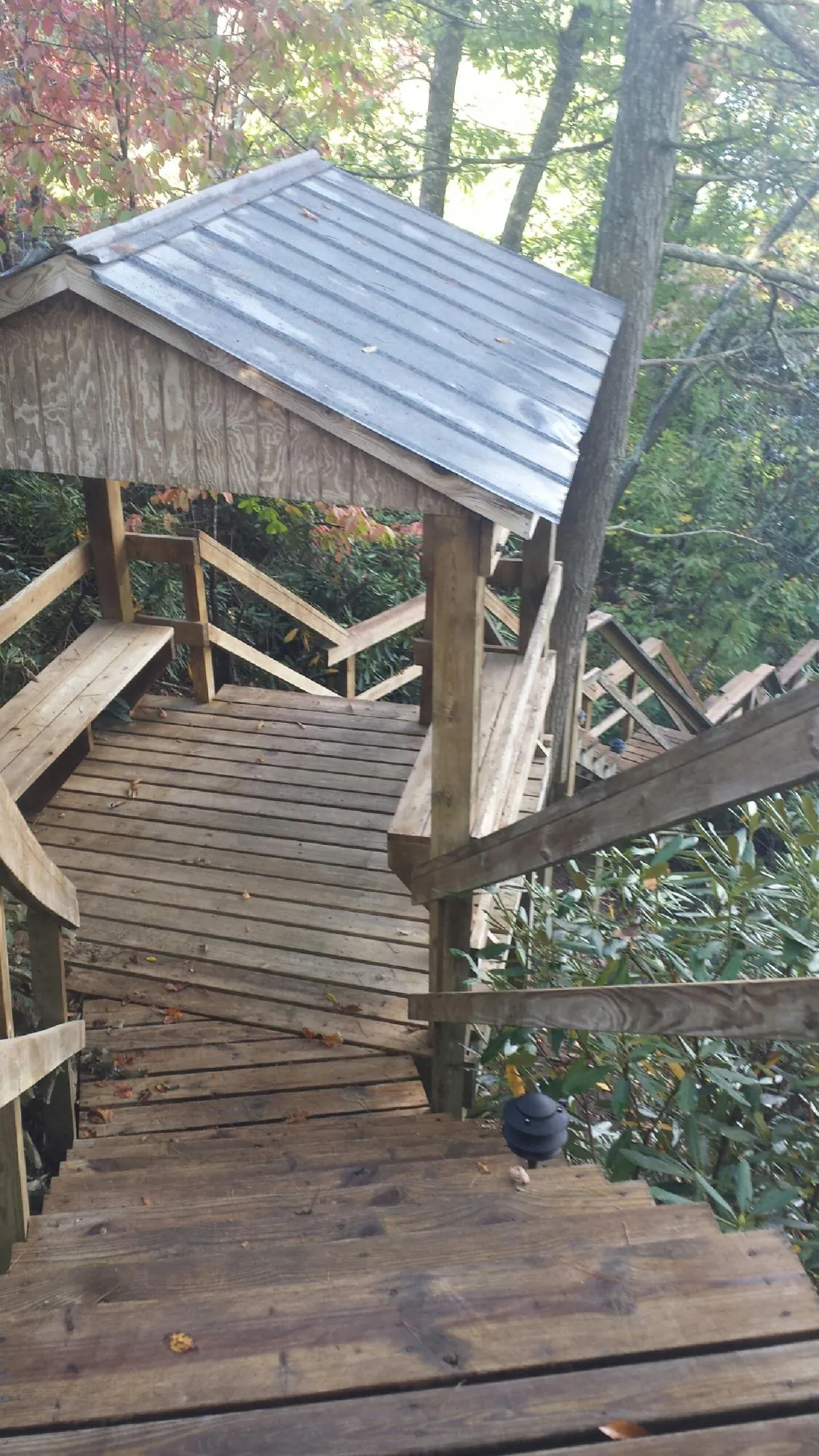 Metal roofed shelter over wooden steps on a wooded walkway — Skylight Repair & Installation work by our crew in Mcleod